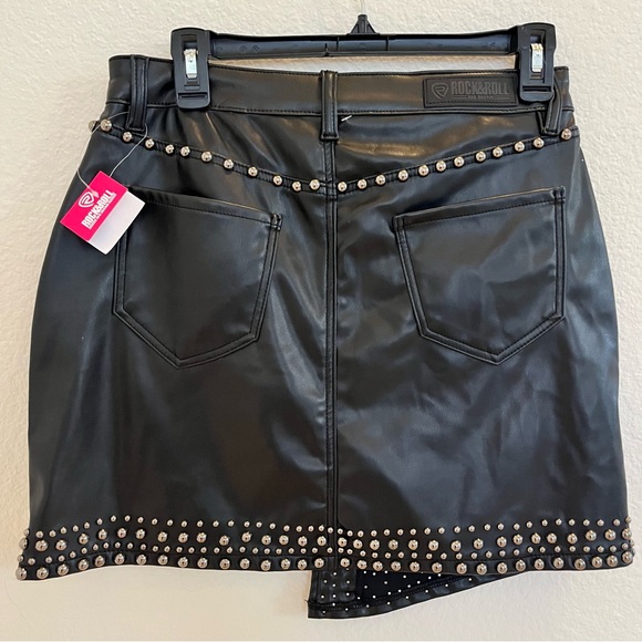 Black Studded Faux Leather Mini Skirt Asymmetrical Hem Rock Chic Y2K Staple - Picture 8 of 16